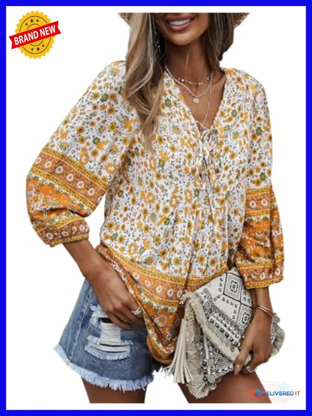 Floral V Neck Boho Tunic Top, 3/4 Sleeve Rayon Lightweight